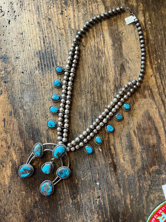 Vintage 1940’s Turquoise and Sterling “Squash Blossom” Necklace